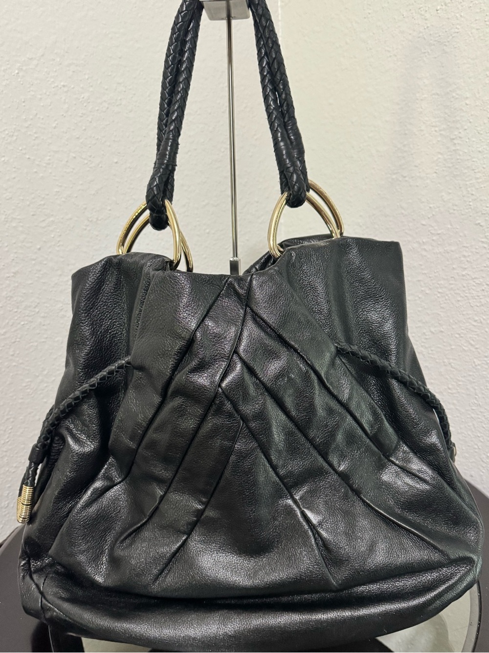 Elliott Lucca Black Braided-Handle Leather Tote with Gold Rings
